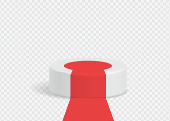 Round podium with red carpet isolated on transparent background. Pedestal realistic vector illustration.