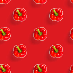 seamless pattern of bulgarian red pepper on red background. paprika wallpaper, sweet pepper print pattern, top view, flat layout, isolated.