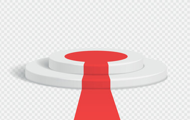 Round podium with red carpet isolated on transparent background. Pedestal realistic vector illustration. Step stages