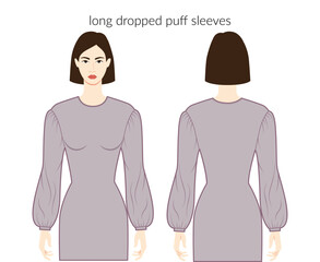 Dropped puff sleeves long length clothes character lady in grey top, shirt, dress technical fashion illustration with fitted body. Flat apparel template front, back sides. Women, men unisex CAD mockup