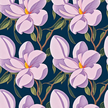 Gouache style magnolias seamless pattern design. Seamlessly tillable fresh background, perfect for various digital project and printed media like scrapbooking, packaging.