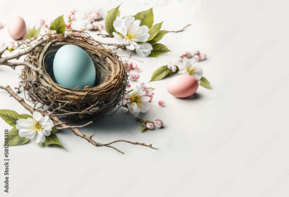 Wall mural Easter egg in nest with apple blossoms decoration. Generative AI