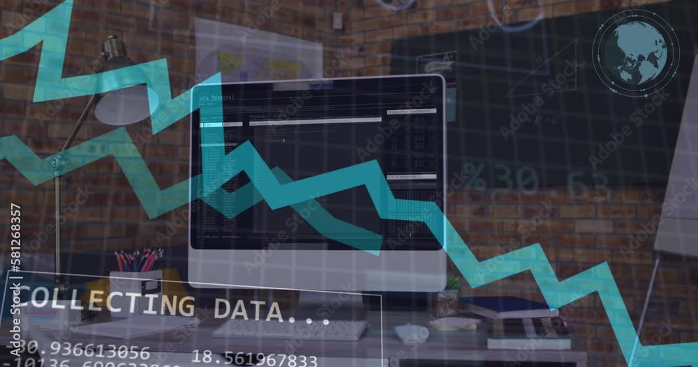 Poster animation of financial data processing over office desk with computer and electronic devices