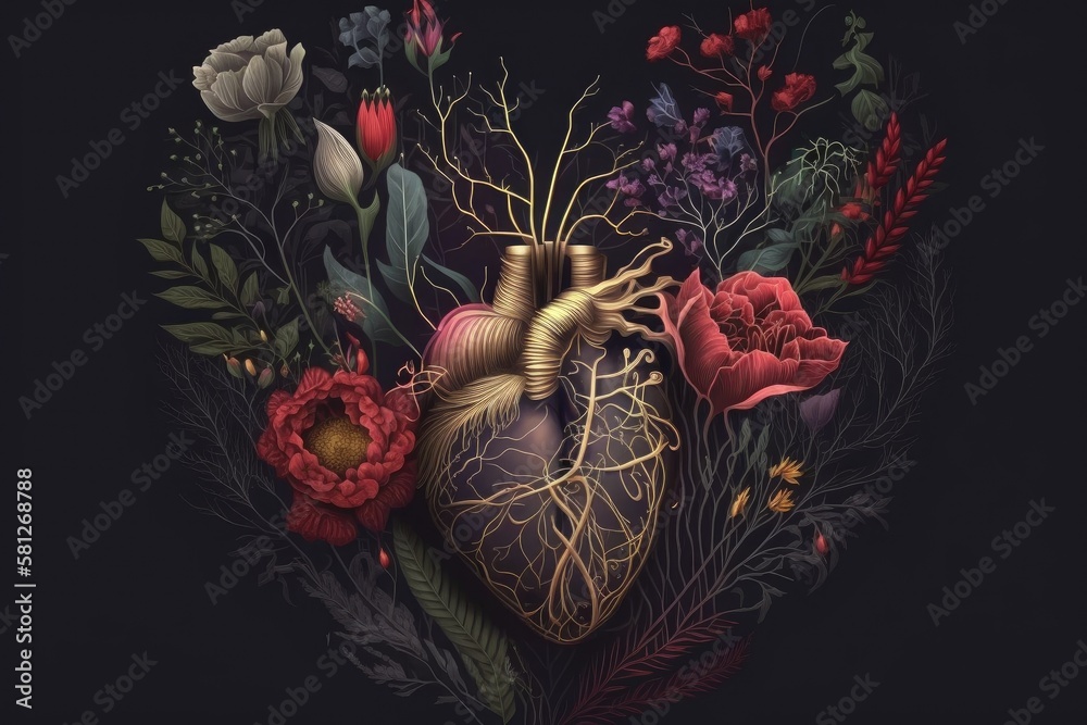 Wall mural original creation with human heart with flowers and needle on dark background, created with generative ai