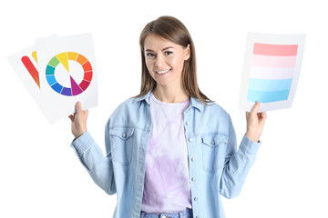Beautiful woman with paint color palettes on white background