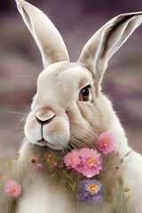 Obraz na płótnie Canvas Cute hare with flowers, spring illustration. Children's decor, wall art, illustration for print. generative AI