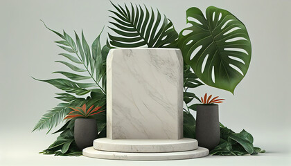 Rock podium for product presentation natural beauty pedestal relaxation. Stone podium, cosmetic display stand with nature leaves on white background. 3D realistic illustration. Generative AI