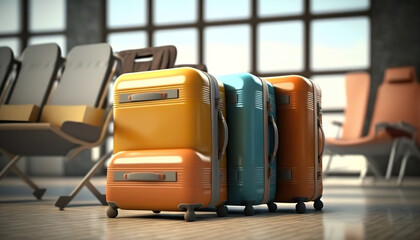Suitcases at the airport between the lounge chairs. Travel concept. 3D realistic illustration. Based on Generative AI