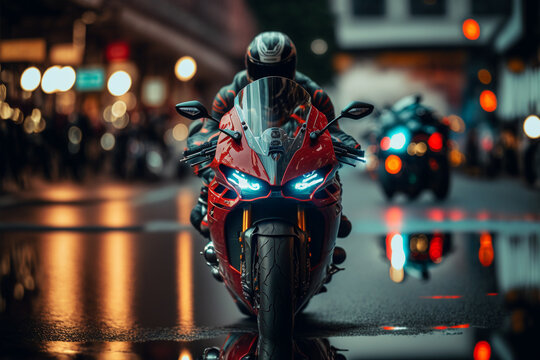 Photorealistic ai artwork concept of a red superbike or sportbike motorcycle riding on wet city streets. Generative ai.