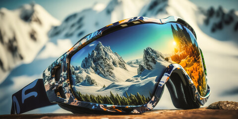 Ski goggles with reflection of mountains. Winter ski theme. digital ai aart