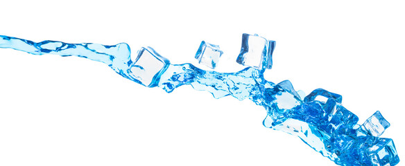 Ice Cubes fresh water pouring flying, crystal clear ice cool water wave floating, fall down in air. Fresh water Ice cube is frozen water healthy thirsty. White background Isolated high speed shutter