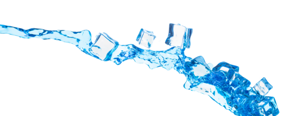 Ice Cubes fresh water pouring flying, crystal clear ice cool water wave floating, fall down in air. Fresh water Ice cube is frozen water healthy thirsty. White background Isolated high speed shutter