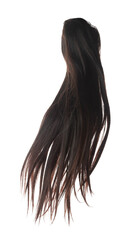 Long straight Wig hair style fly fall explosion. Black brunette woman wig hair extension float in mid air. Straight wig hair extension wind blow cloud throw. White background isolated high speed