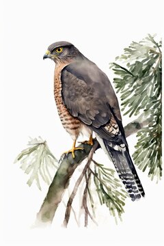 Digital Watercolor Illustration of a Sparrowhawk Perched on a Branch, Nature Artwork, made in part with Generative AI
