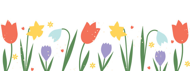 Obraz na płótnie Canvas easter, spring banner with tulip, crocus, snowdrops and daffodil flowers- vector illustration