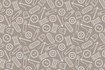 seamless sewing pattern with thimble, safety pins, buttons, needle and thread icons - vector illustration