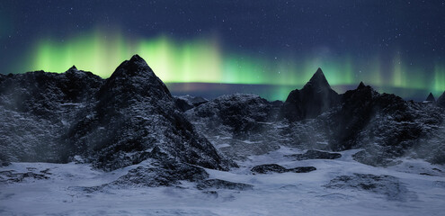 Fototapeta na wymiar Rocky Mountain Landscape at night with Stars and Northern Lights in Sky. 3d Rendering Artwork. Aerial Cinematic Animation.