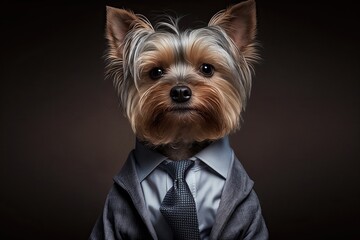 A Picture of Elegance: Corporate Yorkshire Terrier Dressed in a Stylish Business Suit: Generative AI