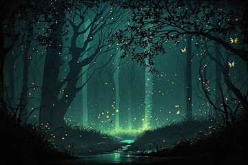 Night Glows in Dark Forest: A Magical and Gloomy Fantasy Landscape Digital Illustration. Generative AI