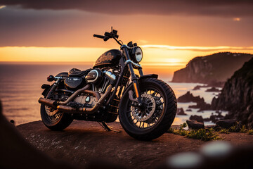 Fototapeta na wymiar Photorealistic ai artwork of a concept design for a classic motorcycle on top of a cliff at sunset over the ocean. Generative ai.