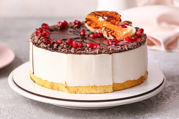 Plate with tasty birds milk cake on table