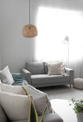 Grey sofas with cushions in interior of living room