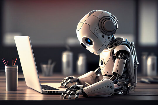 Cute Robot working with laptop. AI Robot concept. Generative AI Stock  Illustration | Adobe Stock