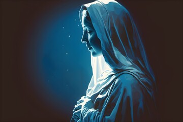 Background of Mary Mother of Jesus Christ. Wallpaper illustration. Side view with copy space for text information or content. Concept of religion, religious. Generative AI.