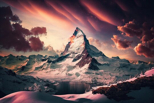 Beautiful Mountain Landscape of the Swiss Matterhorn, with Glorious Snow, Nature, Sky, and Sunset View: Generative AI © AIGen