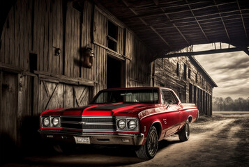Photorealistic ai artwork of a concept design for a red classic car parked at an old barn. Generative ai.