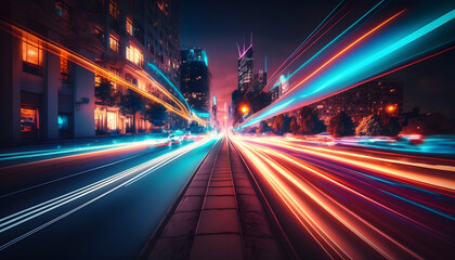 Fototapeta na wymiar Abstract long exposure dynamic speed light trails in an urban environment