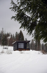 Front view of a Modern black tiny cabin on snowy mountains