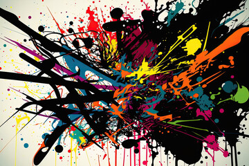 An urban digital artwork with a graffiti-style, featuring a vividly colorful spray-painted background