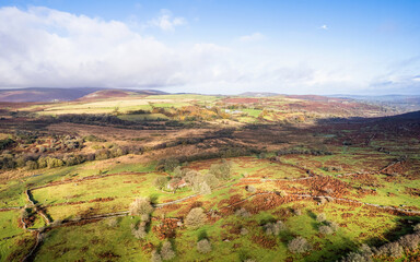 Fototapeta na wymiar View over Emsworthy Mire from a drone, Haytor Rocks, Dartmoor National Park, Devon, England, UK 
