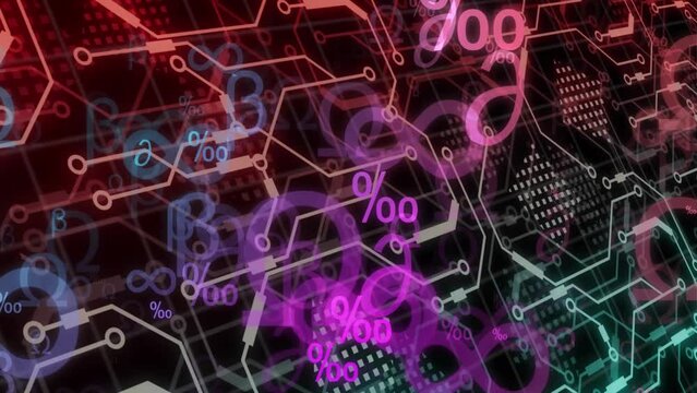 Animation of neon data processing over computer circuit board