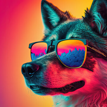 Neon party wolf in sunglasses. Pop art style portrait