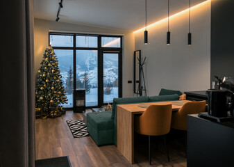View of modern interior of house with snowy mountain view decorated for holidays