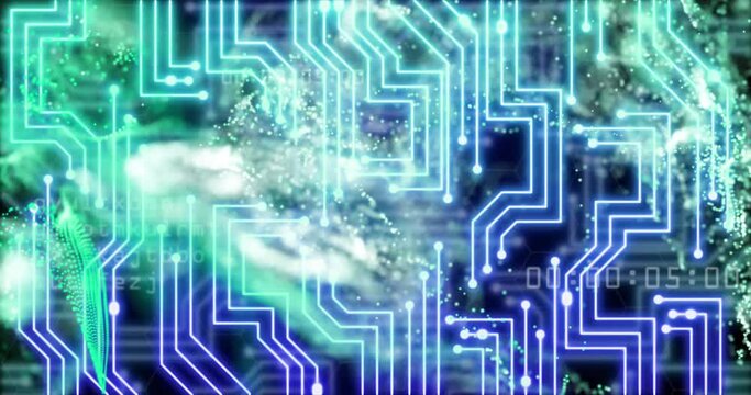 Animation of green mesh, data processing over computer circuit board
