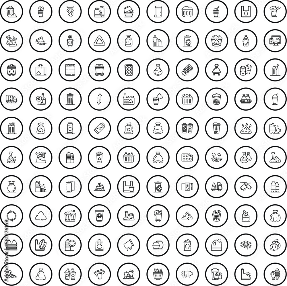Poster 100 garbage icons set. outline illustration of 100 garbage icons vector set isolated on white backgr