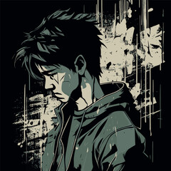 young guy with a sad look black hair cartoon dark background vintage