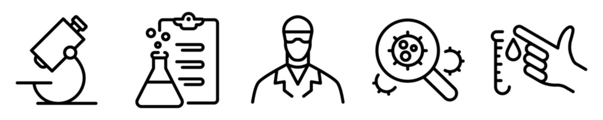 Obraz premium Conjunto de iconos de laboratorio. Microscopio, experimento, científico, médico, análisis, hemograma. Investigación médica. Ilustración vectorial