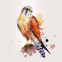 Digital Watercolor Illustration of a Kestrel Perched on a Branch, Nature Artwork, made in part with Generative AI
 - obrazy, fototapety, plakaty