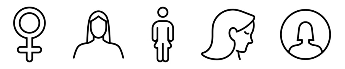 Conjunto de iconos de mujer. Persona de género femenino. Símbolo, perfil, usuario, persona. Ilustración vectorial - obrazy, fototapety, plakaty