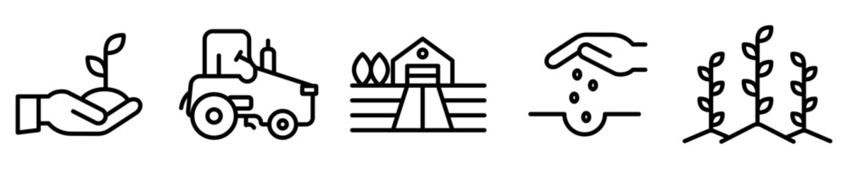 Conjunto de iconos de agricultura. Concepto de granja. Cultivos, plantas, cosecha, campo, maquinaria. Ilustración vectorial