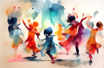 Children dancing - Loose, expressive Watercolor Illustration. Generative AI.