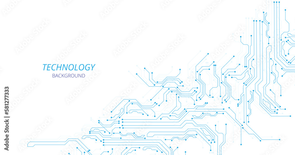 Poster Technology blue circuit diagram on white background. High-tech circuit board connection system.Vector abstract technology on white background.