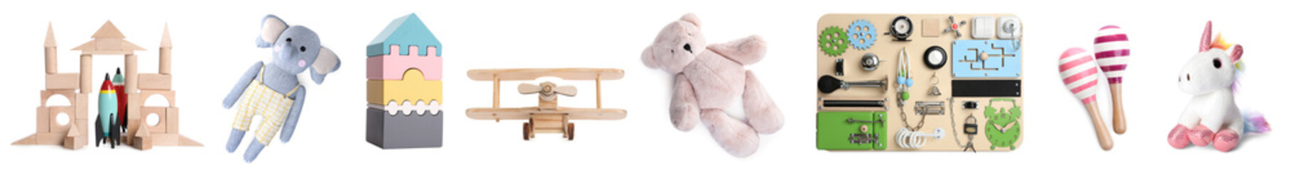 Collage with many different toys on white background