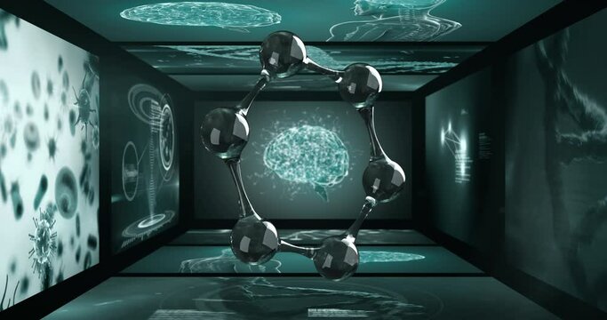Animation of molecules link and scientific data processing on screens background