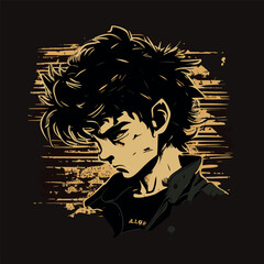 young guy with a sad look black hair cartoon dark background vintage 