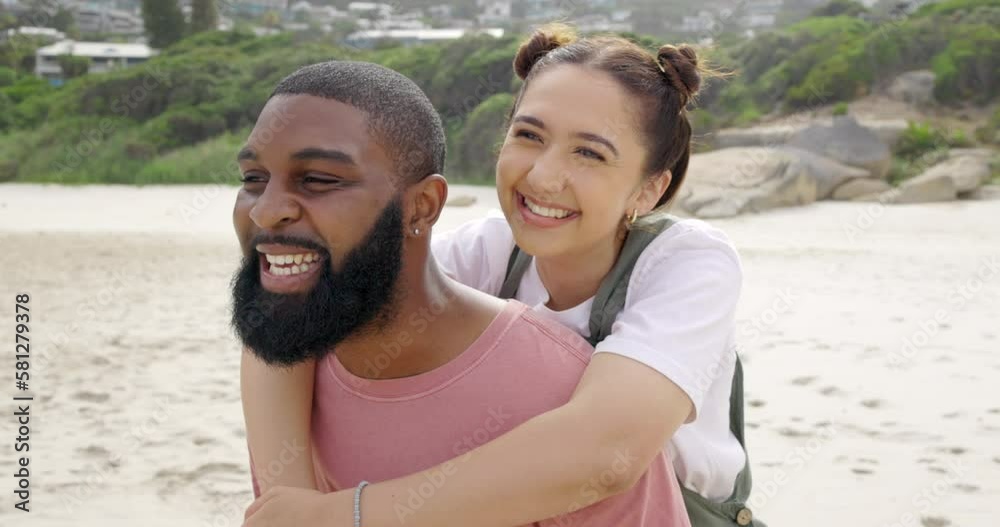 Poster Beach, piggyback and funny with a couple together outdoor in nature for travel, vacation or holiday. Love, happy or laughing with a man and woman bonding on the sand at the coast in summer